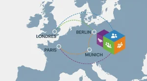 Schéma d’un team building international avec 4 équipes (Paris, Londres, Berlin, Munich) travaillant sur les 4 faces d’un cube