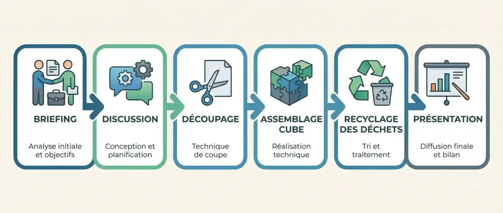 Schéma déroulé atelier briefing questions thématiques création assemblage restitution