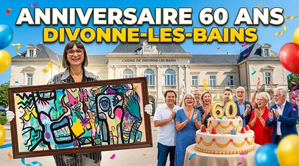 Groupe célébrant un anniversaire de 60 ans devant le Casino de Divonne-les-Bains avec une œuvre d'art collective.