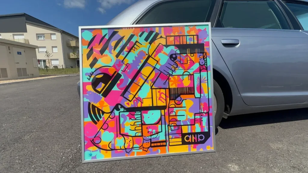 Tableau coloré et encadré my art box de 1000x1000mm lors de l'inauguration éco-responsable à Metz par Moselis.