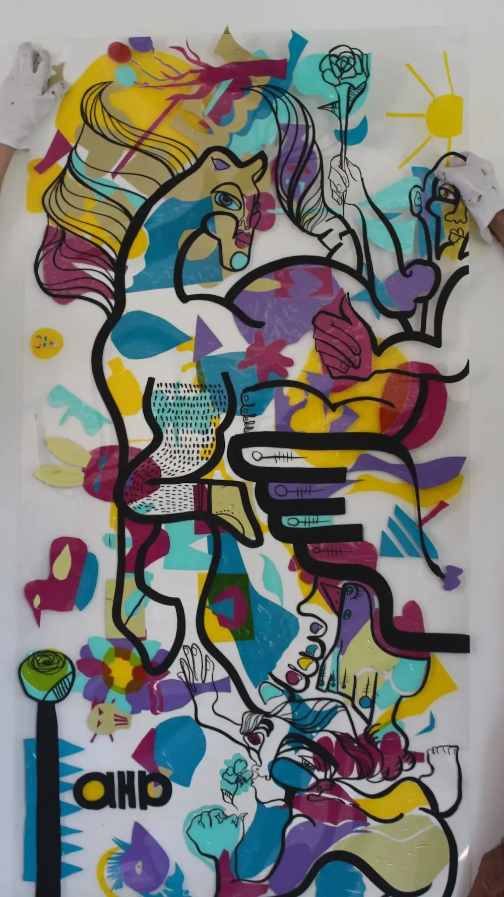 Fresque colorée éco-responsable par aNa artiste My Art Box avec divers motifs.
