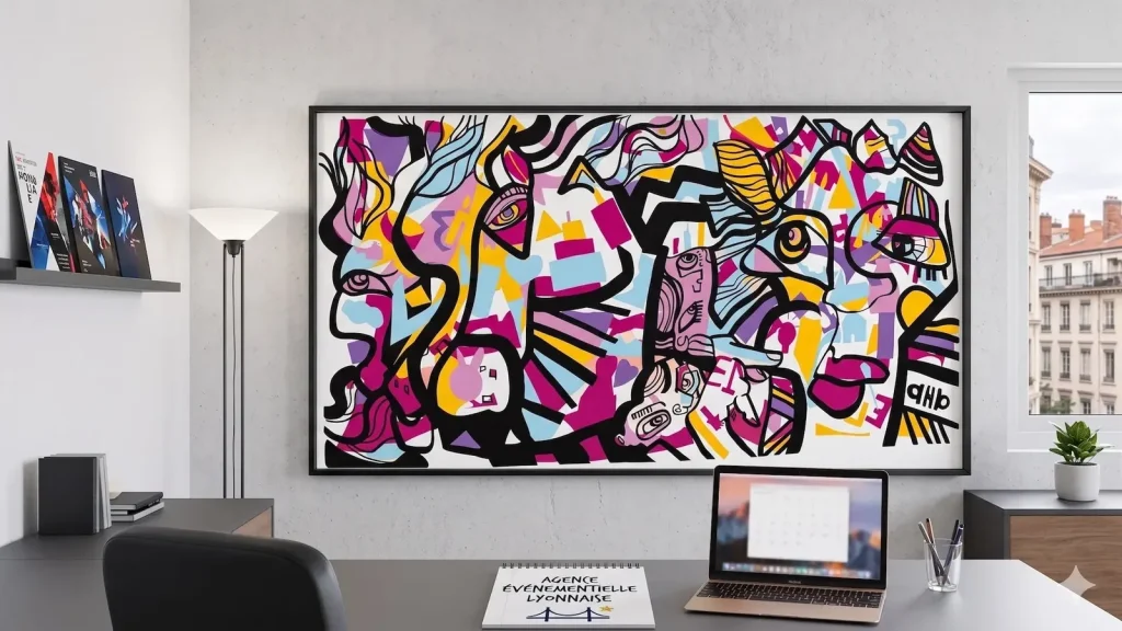 Tableau coloré encadré créé collectivement pour anniversaire corporate lyonnais