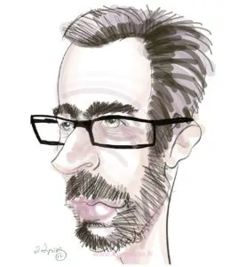 Caricature digitale d'un homme avec des lunette et une barbe brune et cheveux foncé sur fond blanc