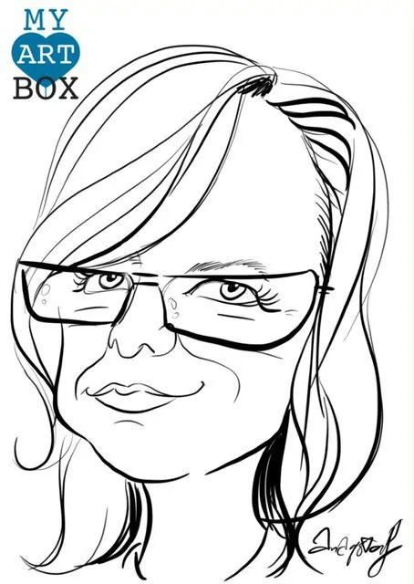 Caricature d'après photo noir et blanc d'une femme blonde avec lunettes