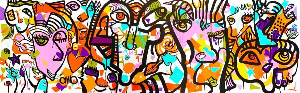 Participants créant une fresque graffiti colorée avec aNa artiste lors d'un événement à Lyon.