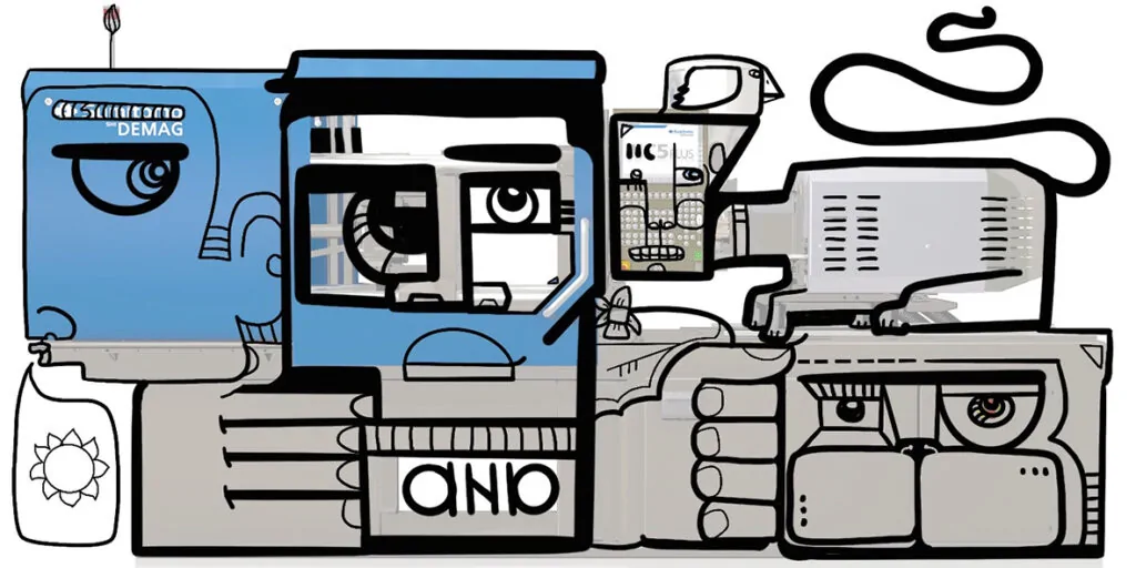 Illustration industrielle stylisée par ana artiste intégrée dans une fresque collaborative RSE pour site de production et grand groupe industriel sur Plexiglas My Art Box