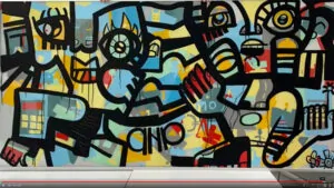 L'œuvre commune team building fresque éco-responsable My Art Box une fois exposée est ici un tableau de 2000x1000mm