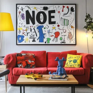 Impression fresque digitale sur carton et cadre noir pour le prénom d'un enfant nommé Noé