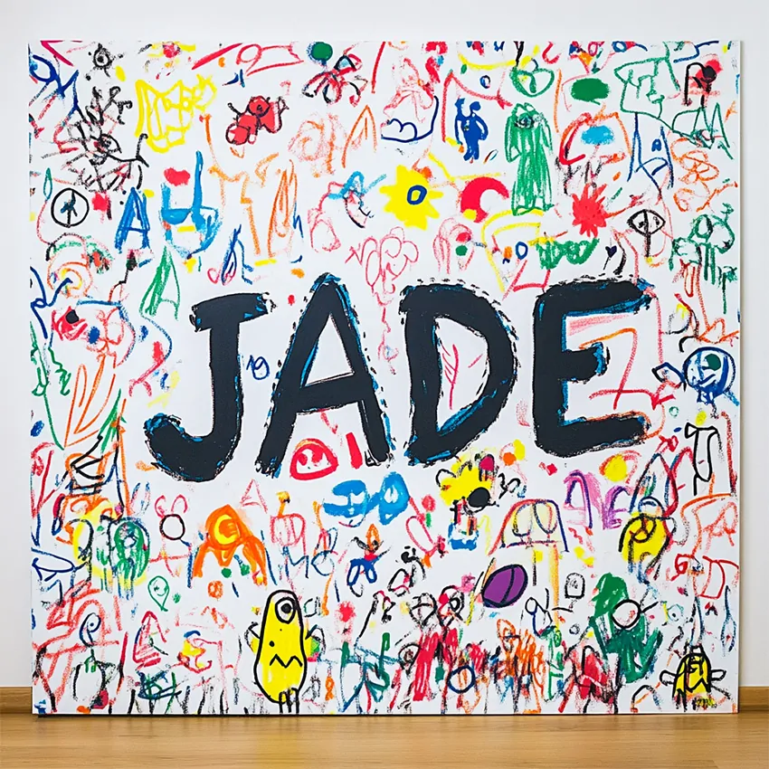 Impression fresque digitale sur carton autour du prénom de notre fille Jade