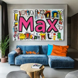 Impression fresque digitale sur toile exposée dans un salon au dessus d'un canapé cosy bleu représentant le prénom Max inscrit en géant et rose cerné de noir