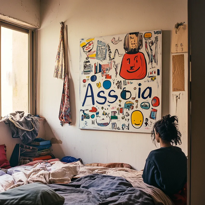 La fresque de mon identité imprimée sur carton et accrochée dans la chambre en désordre d'une adolescente qui s'appelle Assia