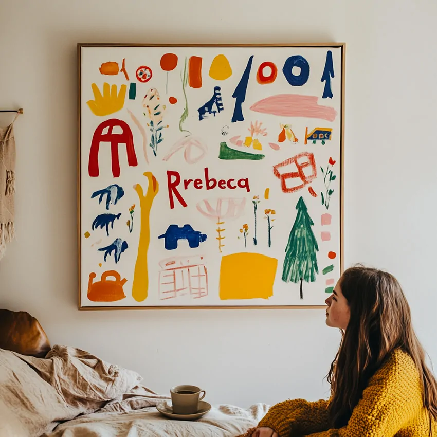 La fresque de mon identité imprimée sur carton et exposée dans un cadre en bois très sobre dans la chambre d'une jeune fille aux long cheveux châtains dont le prénom est Rebeca