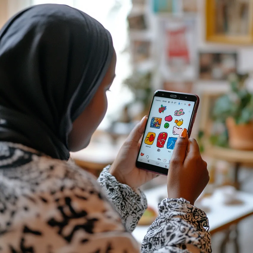 La fresque de mon identité en train d'être composée des dessins sur l'application POSITIVE par une femme africaine qui porte un voile traditionnel dans on appartement