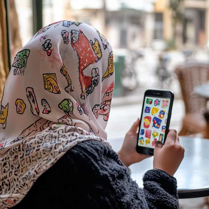 La fresque de mon identité en train d'être composée avec ses dessins simples et colorés sur l'application POSITIVE de My Art Box par une femme voilée dans un café oriental