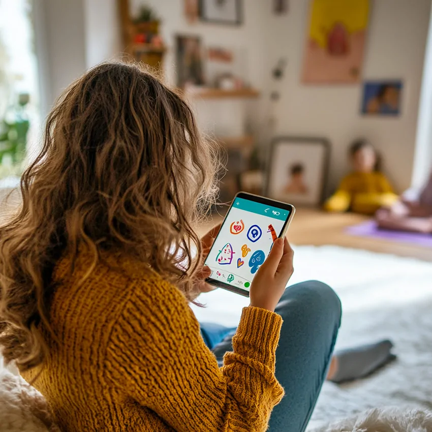 La fresque de mon identité en train d'être composée avec ses dessins sur l'application POSITIVE par une jeune femme avant son cours de Yoga