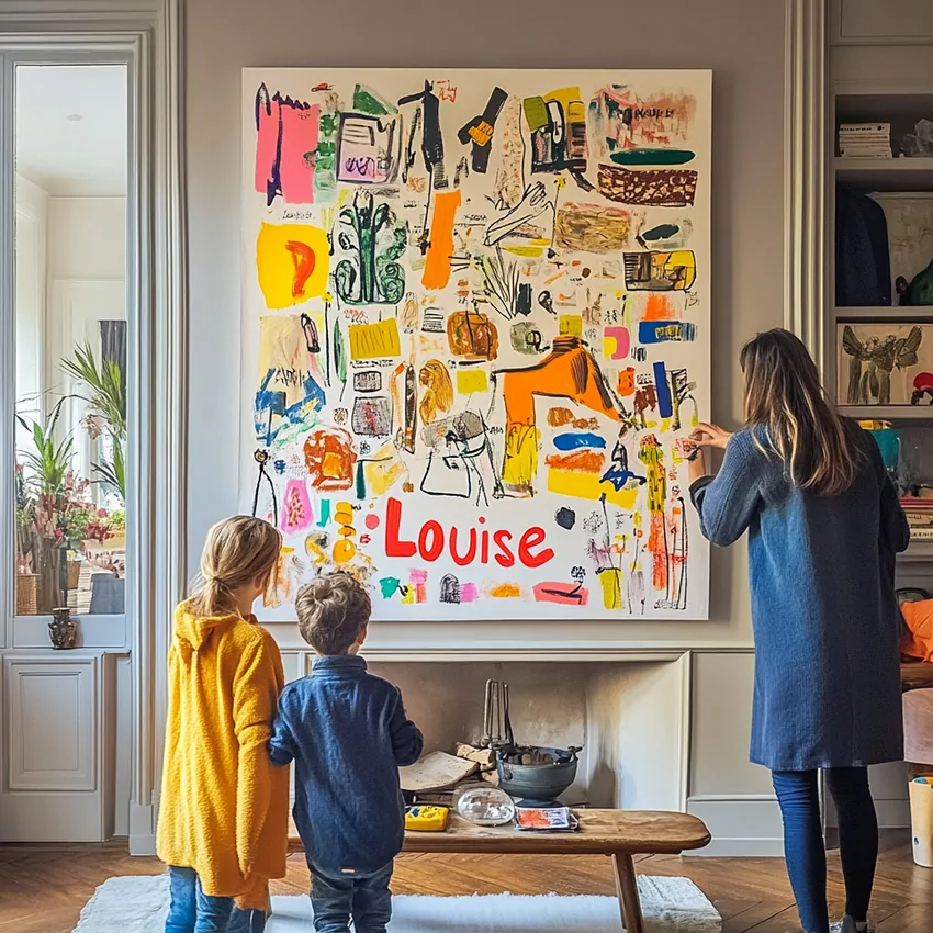 Deux enfants dont une jeune fille et un petit garçon ainsi que leur maman contemple la fresque de mon identité exposée au mur gris d'un salon d'un appartement très cosy et imprimée sur aluminium autour du prénom Louise