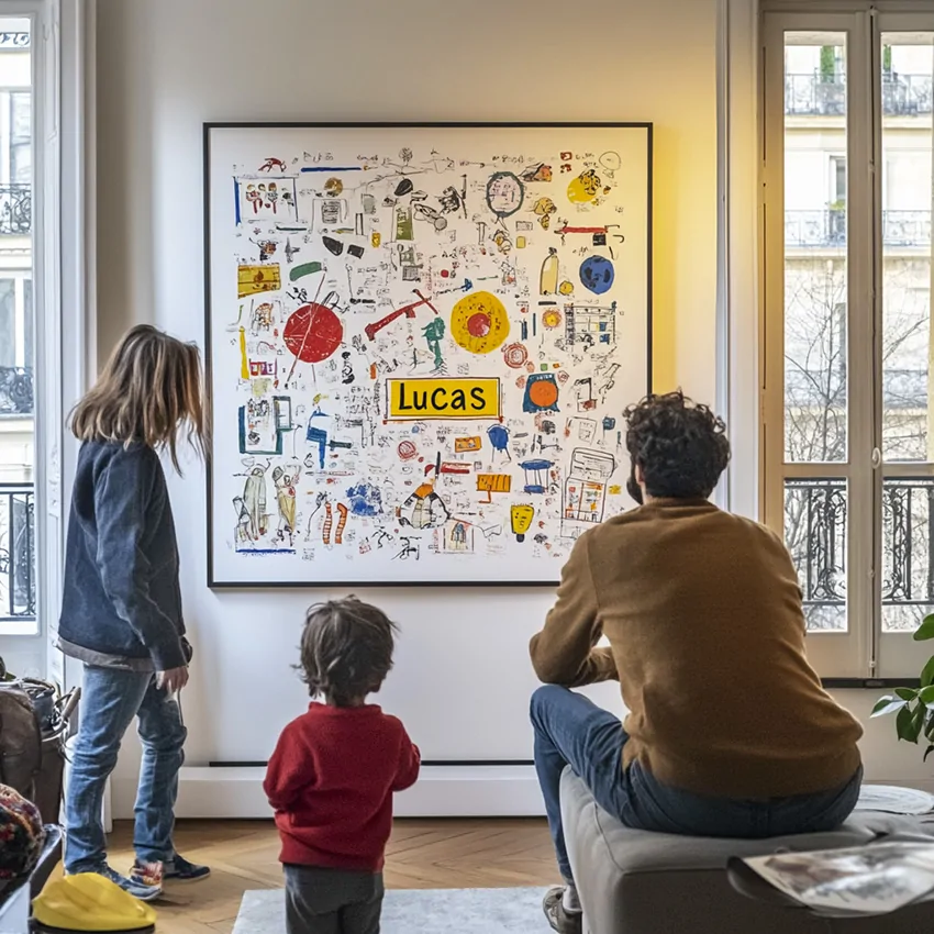 Un papa et ses enfants regardent La fresque de mon identité installée au mur blanc d'un salon imprimée sur carton ou papier encadré autour du prénom Lucas