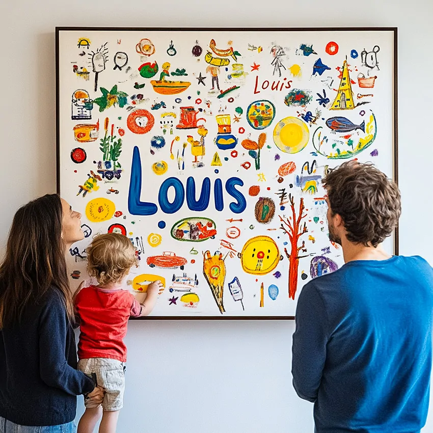 Un jeune couple et son enfant dans les bras de la maman détaillent La fresque de mon identité au mur d'un salon imprimée sur carton ou papier encadré autour du prénom Louis