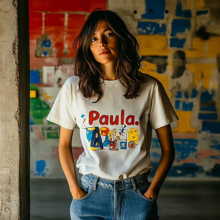 La fresque de mon identité reproduit sur le T-shirt imprimé d'une jeune femme aux longs cheveux châtains dont le prénom est Paula