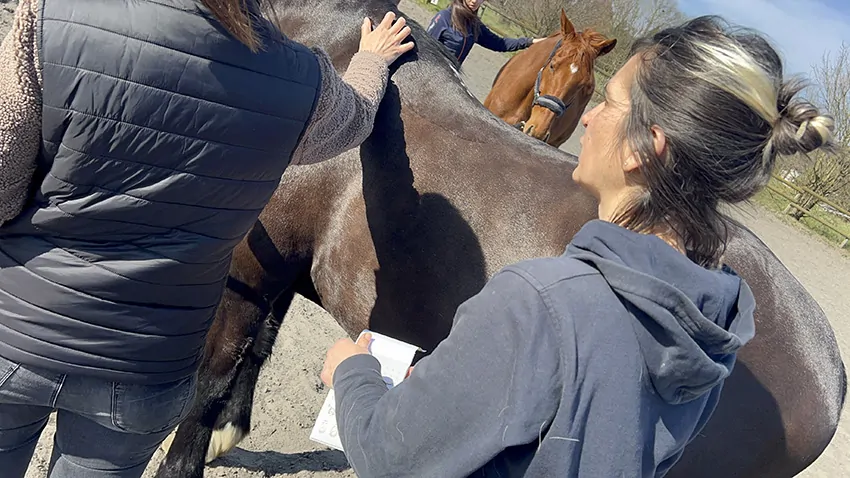 aNa accompagne une participante à l'atelier massage Shiatsu lors de la fresque du confort animée par aNa à Mâcon