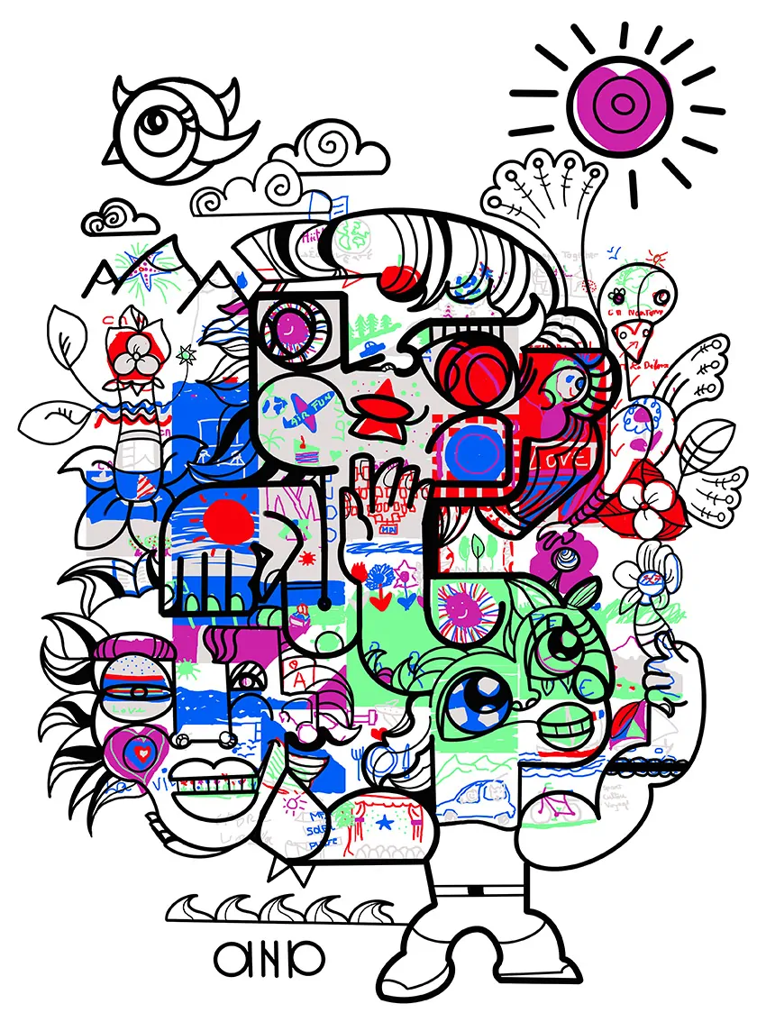 Un bel exemple de création par aNa artiste de fresque hybride réalisée à distance depuis les dessins des participants sur l'application diigtal mural développée par My Art Box