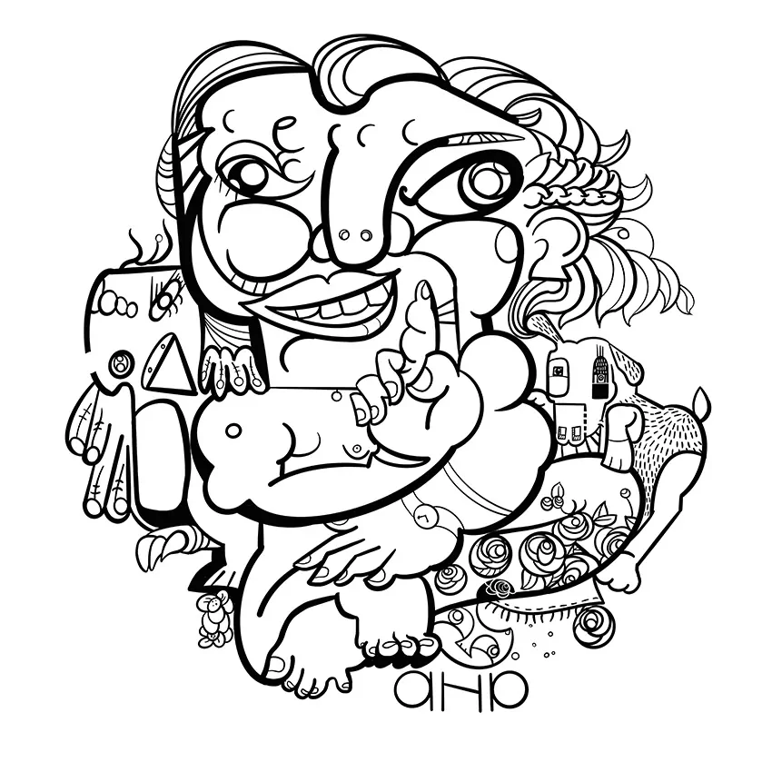 Le dessin noir et blanc du cadeau anniversaire artistique digital 50 ans imaginé à distance par aNa artiste