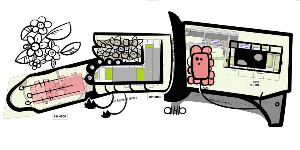 La création de aNa artiste depuis le plan de bâtiment pour une des fresques éco-responsables en pose de première pierre à Chartres