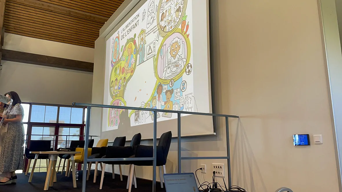 Projection de l'animation fresque digitale de facilitation graphique à Beauvais créée sur écran géant principale en conférence