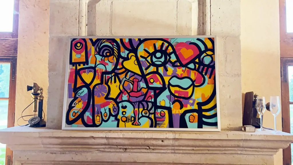 Le tableau encadré de l'animation fresque pour mariage à Orleans disposé au dessus de la cheminée du salon