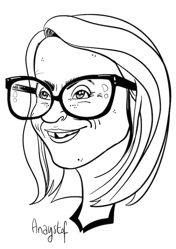 La caricature digitale vidéo d'une femme blonde portant des lunettes noires dessinée par aNa artiste via my art box