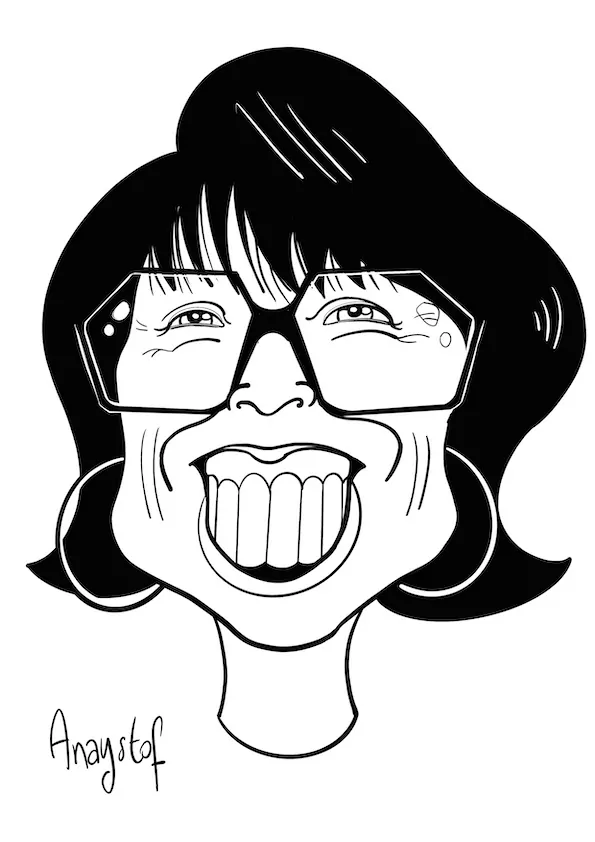 La caricature digitale vidéo d'une femme brune portant des lunettes noires au contour carrée dessinée par aNa artiste via my art box