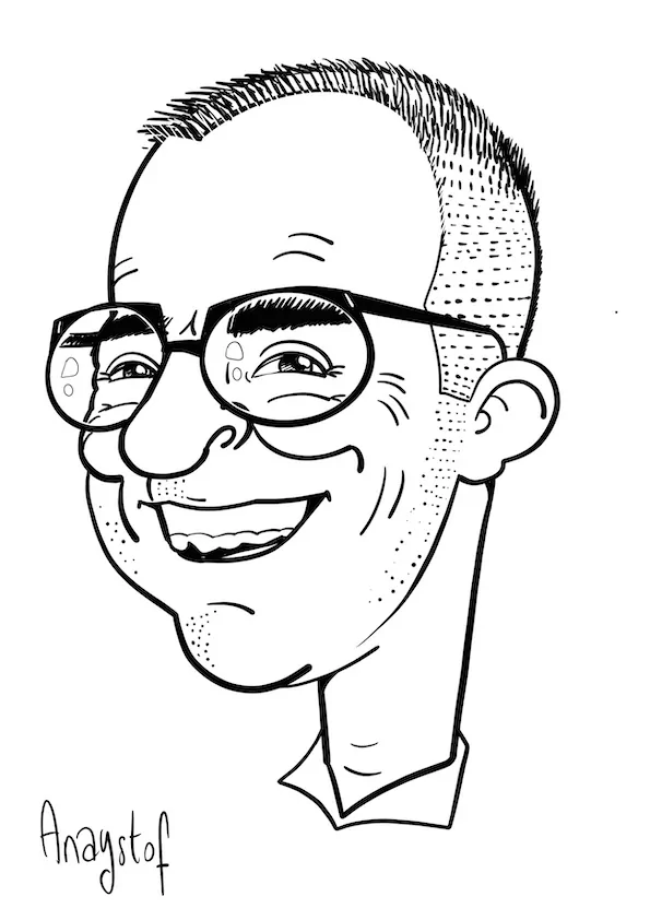 La caricature digitale vidéo d'un homme portant des lunettes et cheveux courts dessinée sur Ipad Pro par aNa artiste via my art box