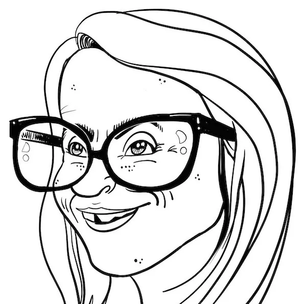 La caricature digitale vidéo d'une femme blonde portant des lunettes noires dessinée par aNa artiste via my art box