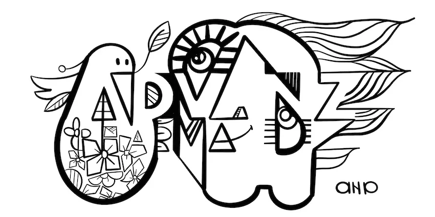 Le dessin noir et blanc de la fresque logo éco-responsable imaginée par aNa artiste pour le team building My Art Box à Paris