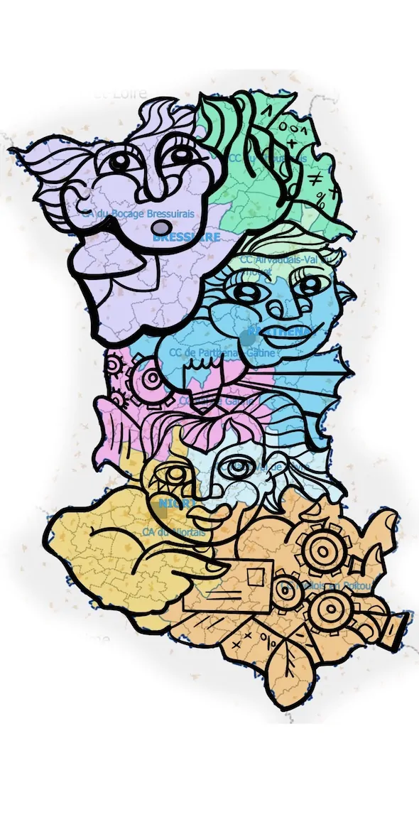 Œuvre collective exposable sur Plexiglas représentant une identité territoriale stylisée pour animation RSE entreprise : Carte des Deux-Sèvres intégrée dans une fresque participative à Niort