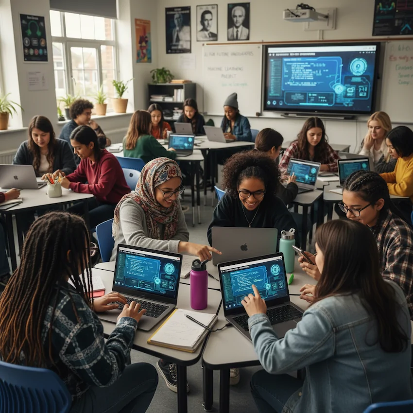 Une classe mixte travaille a La synthèse générée par une IA dans la cadre de la création du Logo du Lycée
