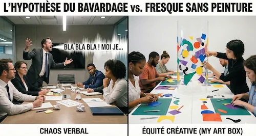 L'Hypothèse du Bavardage vs La Méthode My Art Box Comparaison visuelle : À gauche, une réunion bruyante et inefficace (Bavardage). À droite, l'atelier Fresque Sans Peinture My Art Box, calme et structuré.